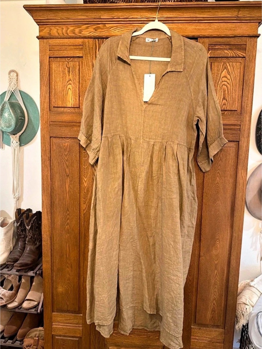 100% linen dress camel/khaki color one size